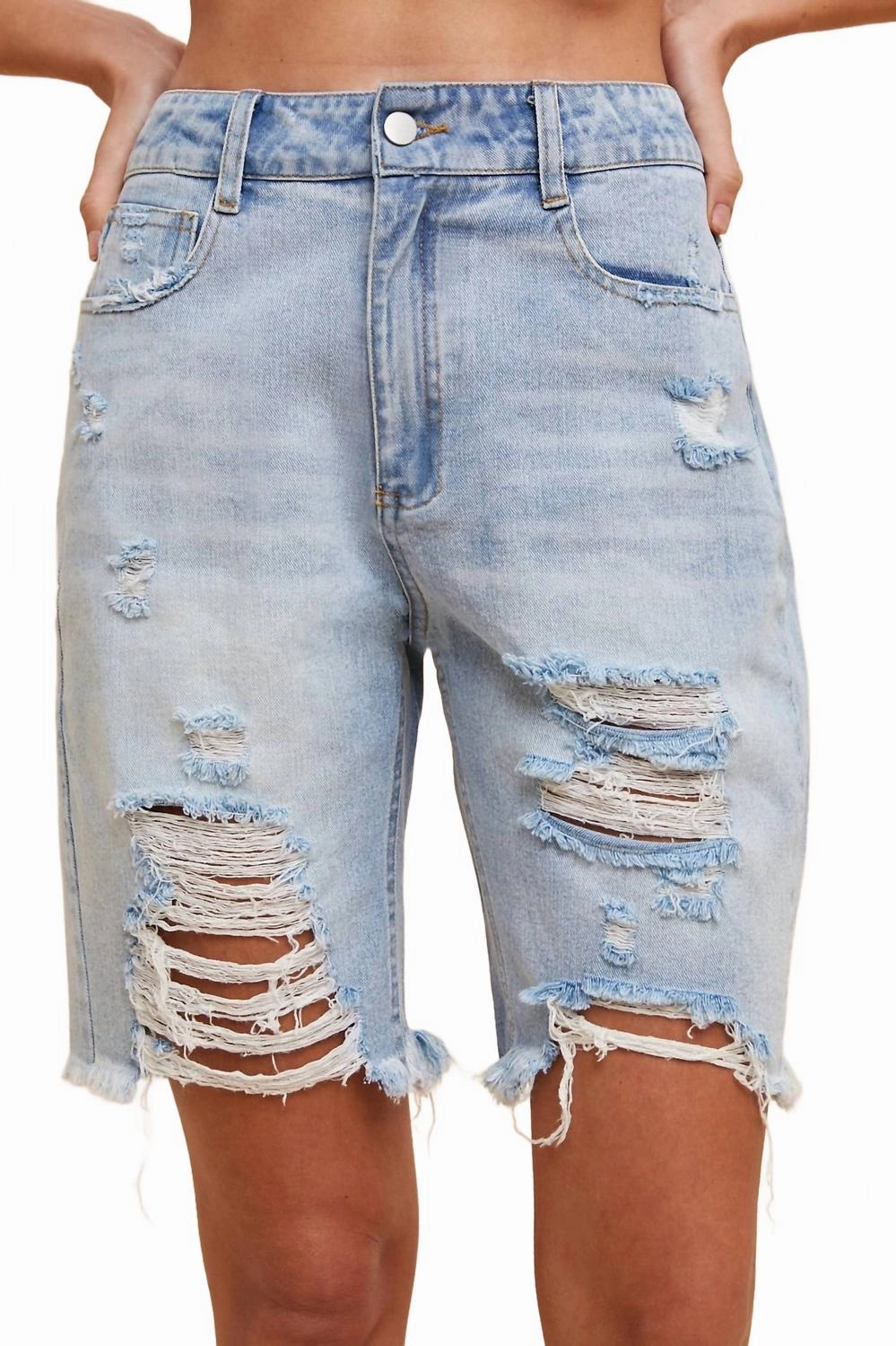 Dance wear art industry Distressed Rigid Bermuda Denim Shorts In Blue