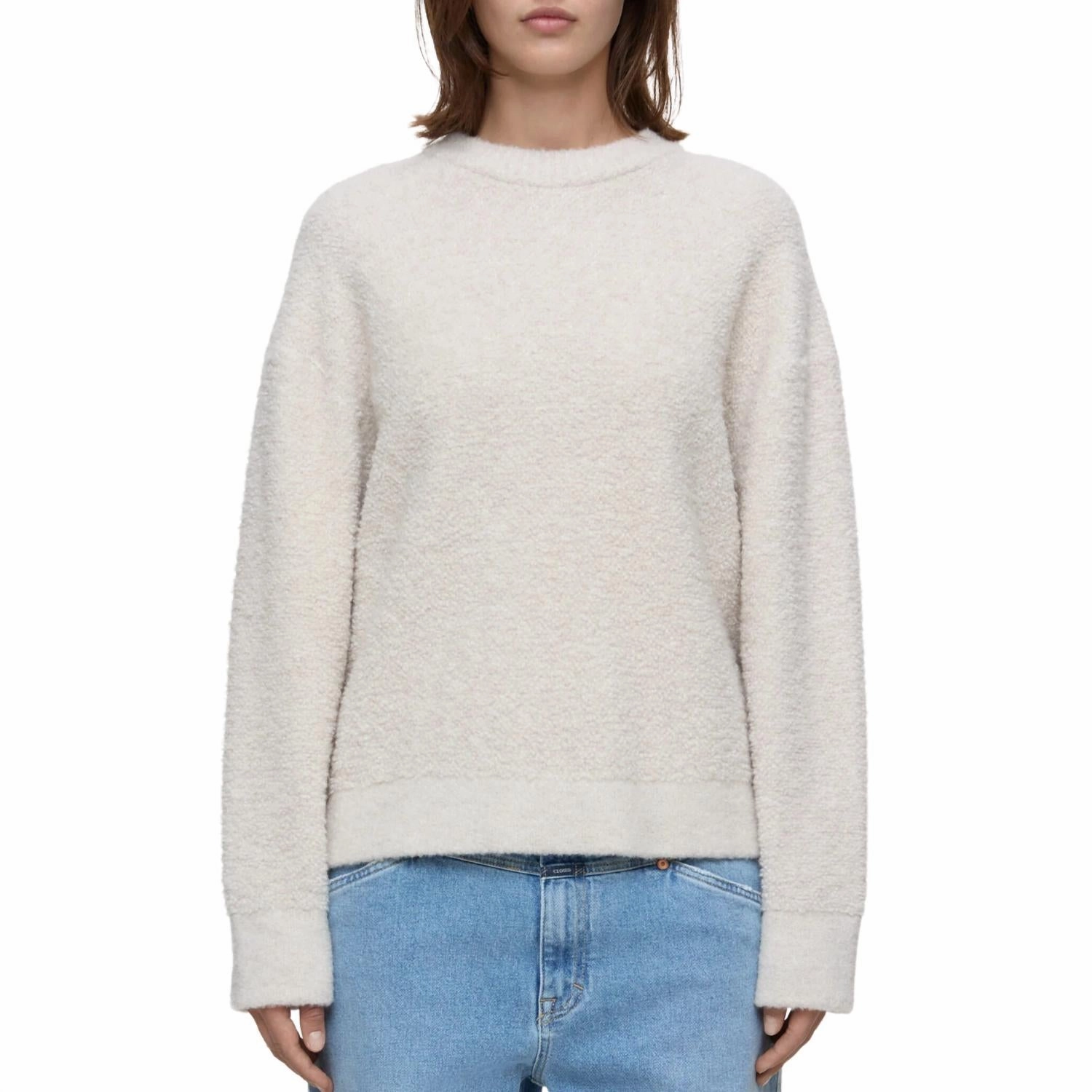 Ribbed cuff Winter-Ready Fashion Wool Blend Boucle Jumper In Pearl Beige