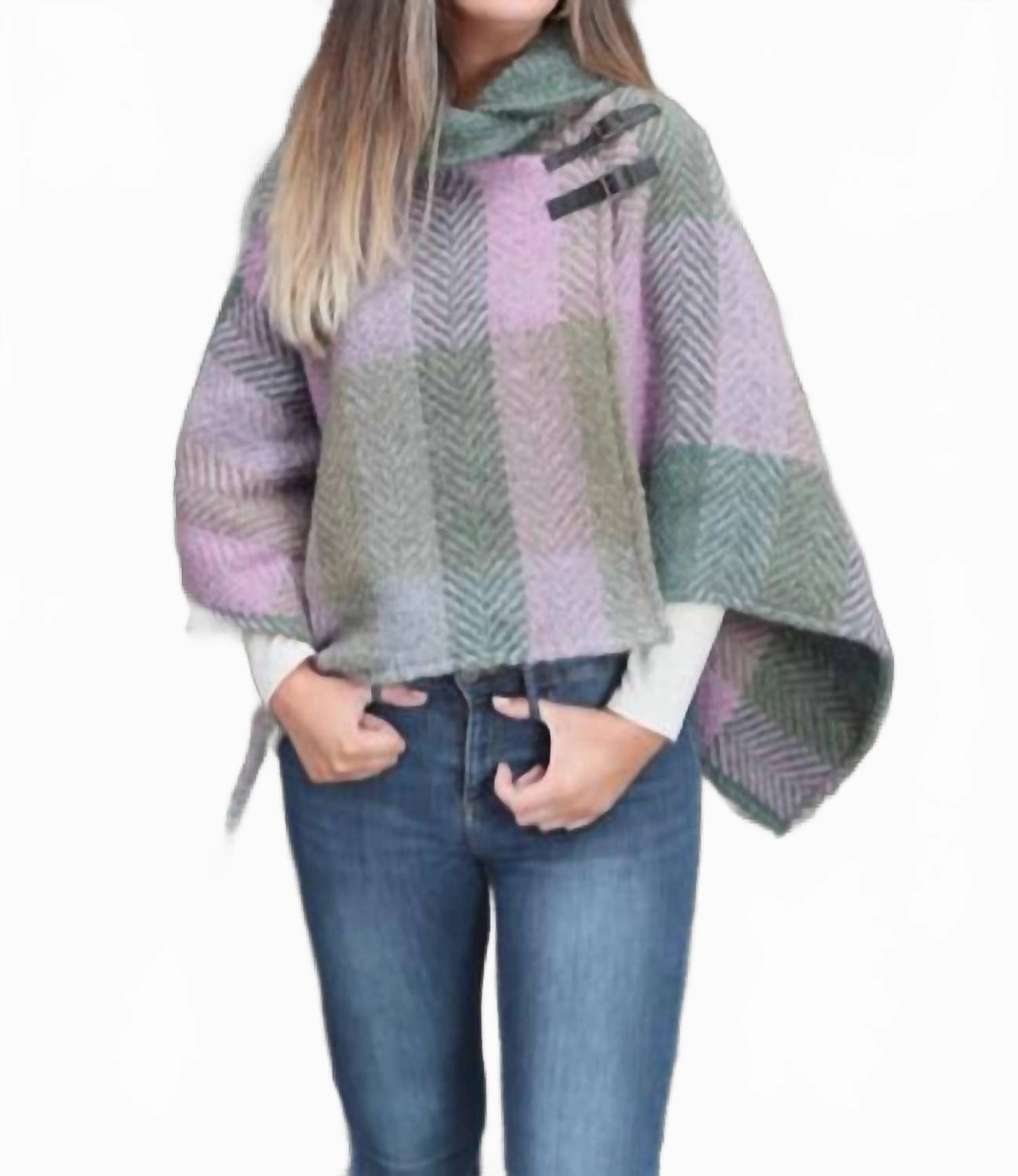 Shawl Collar Poncho In Loden Green & Lilac & Beige All Season Knit