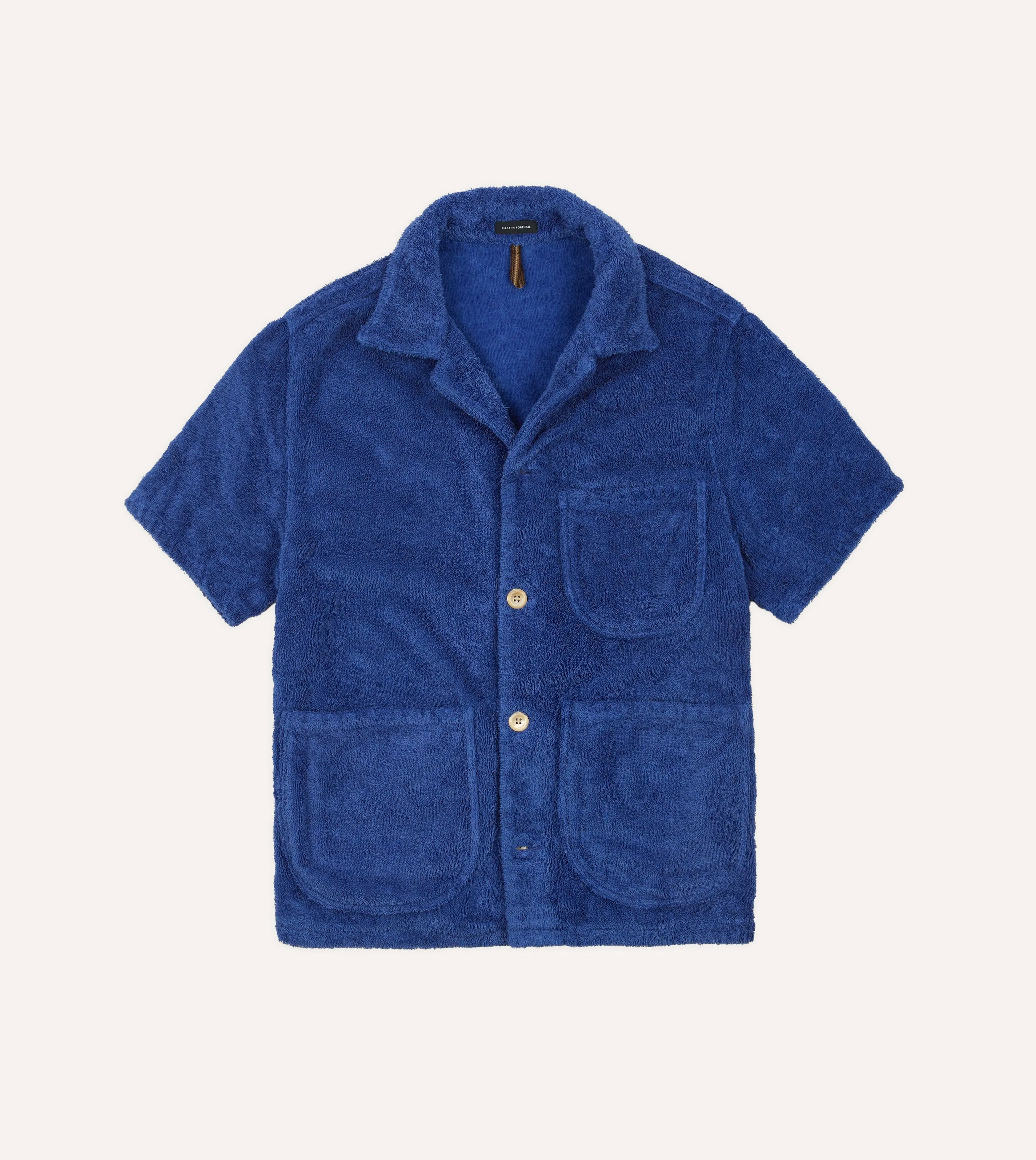 Blue Cotton Terry Towelling Short Sleeve Safari Shirt Hidden Placket