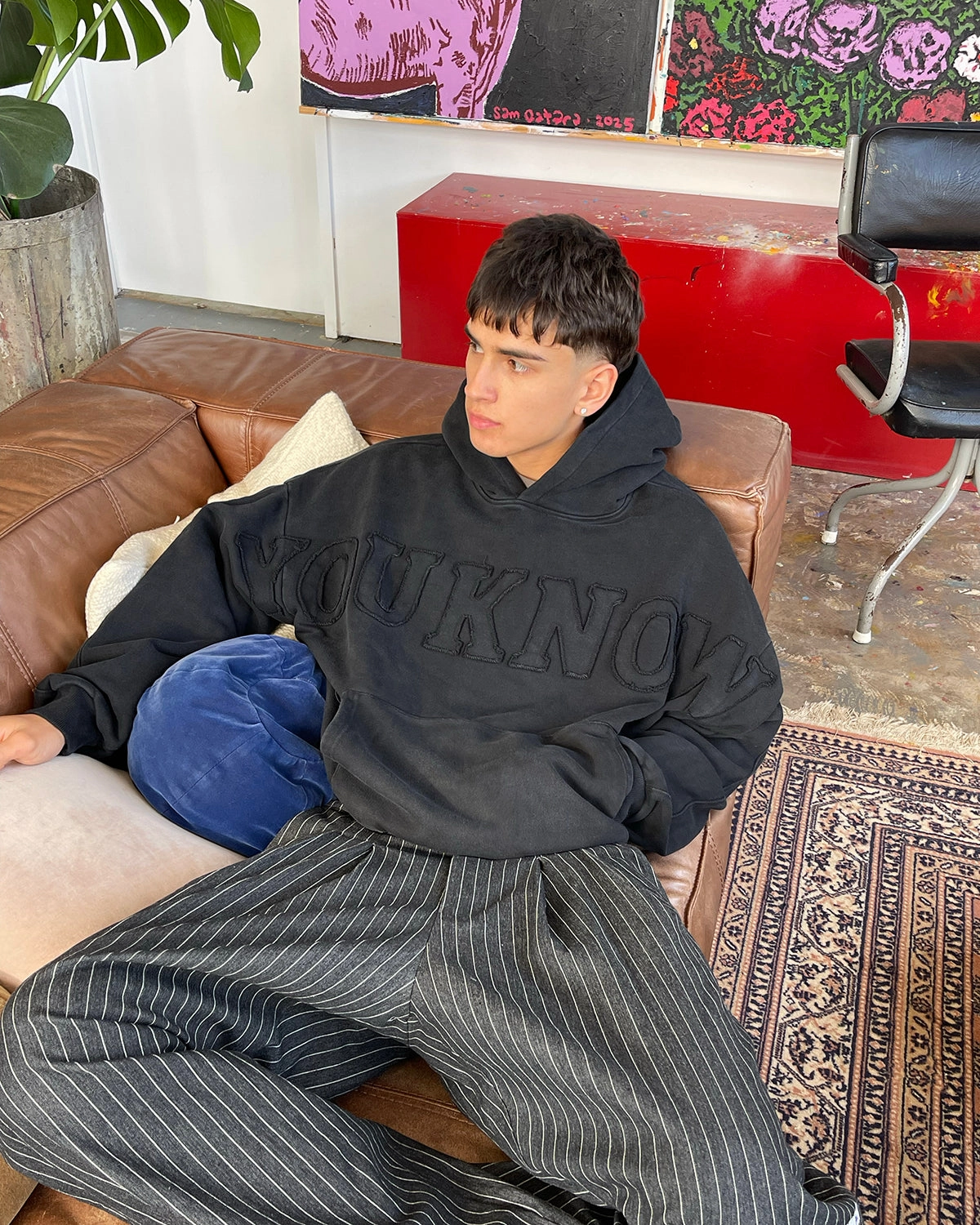 Distressed Applique Hoodie | Washed Black Warm Embrace