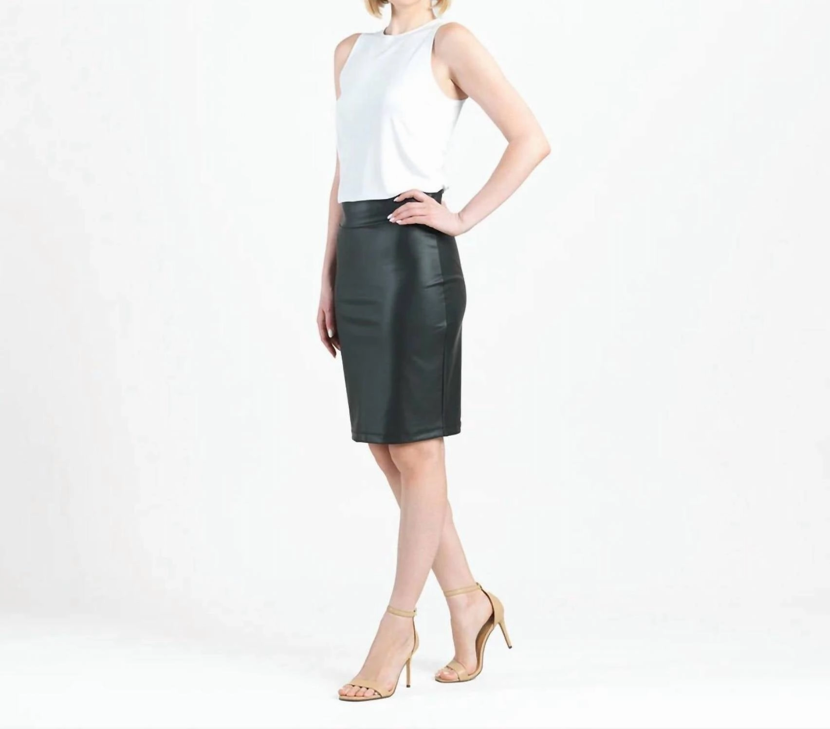 Liquid Leather Pencil Skirt In Black Water Repellent Finish