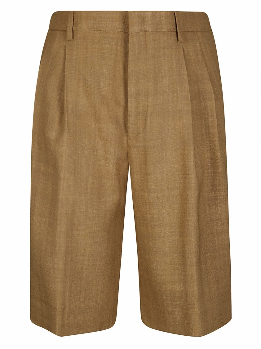 Non Irritating Seams Pleated Brown Tailored Shorts With Belt Loops