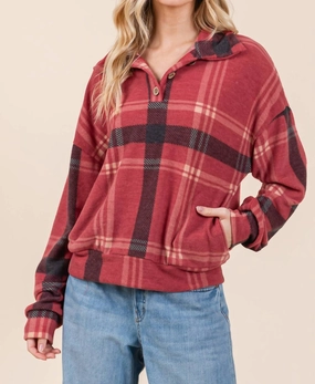 V-Neck Pullover Top In Red Plaid Soft Knit Design Non Restrictive Armhole