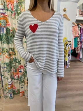 Soft Knit Piece V-Neck Striped Sweater In Grey