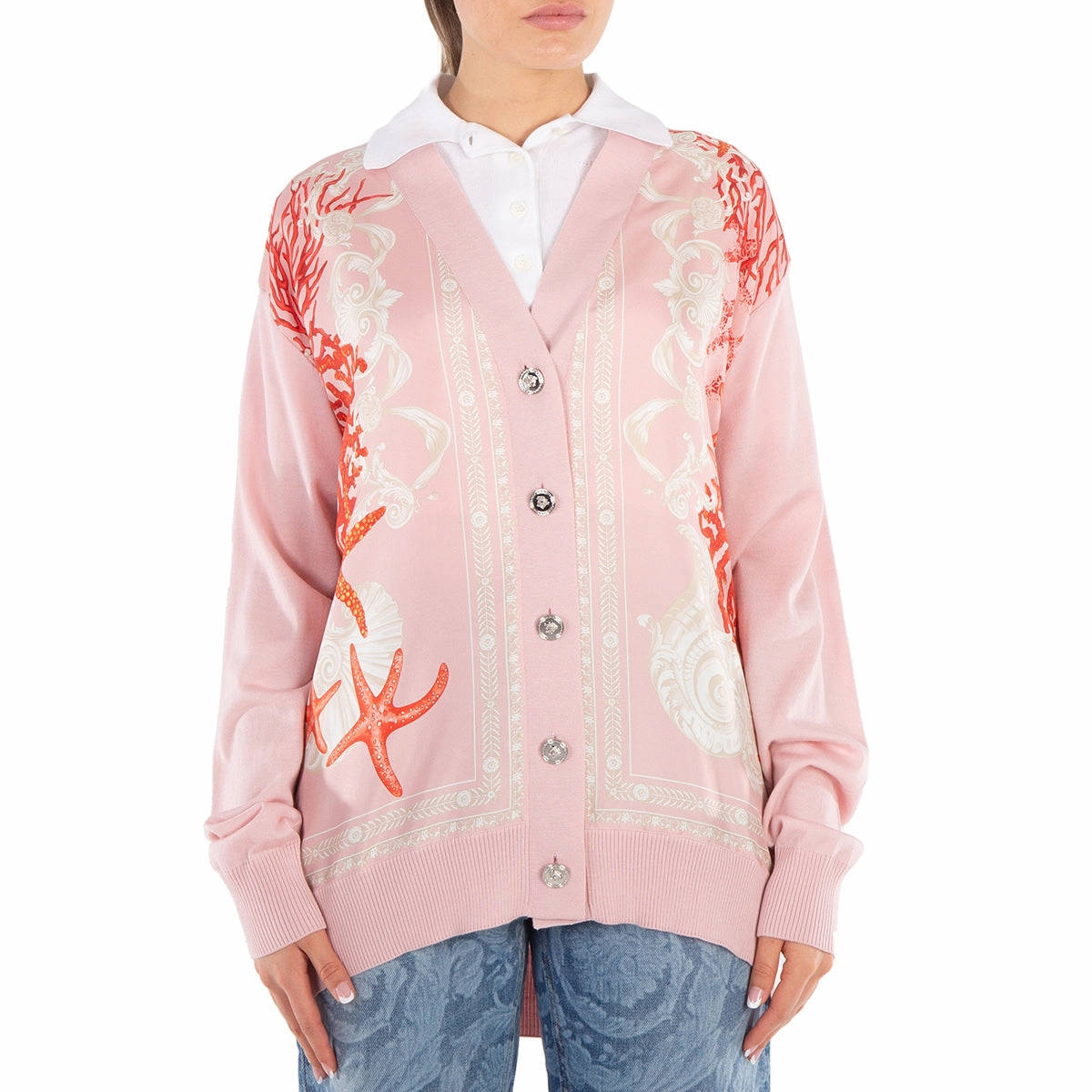 Versace Barocco Sea Panelled V-Neck Cardigan Warm and Snuggly Merino Wool