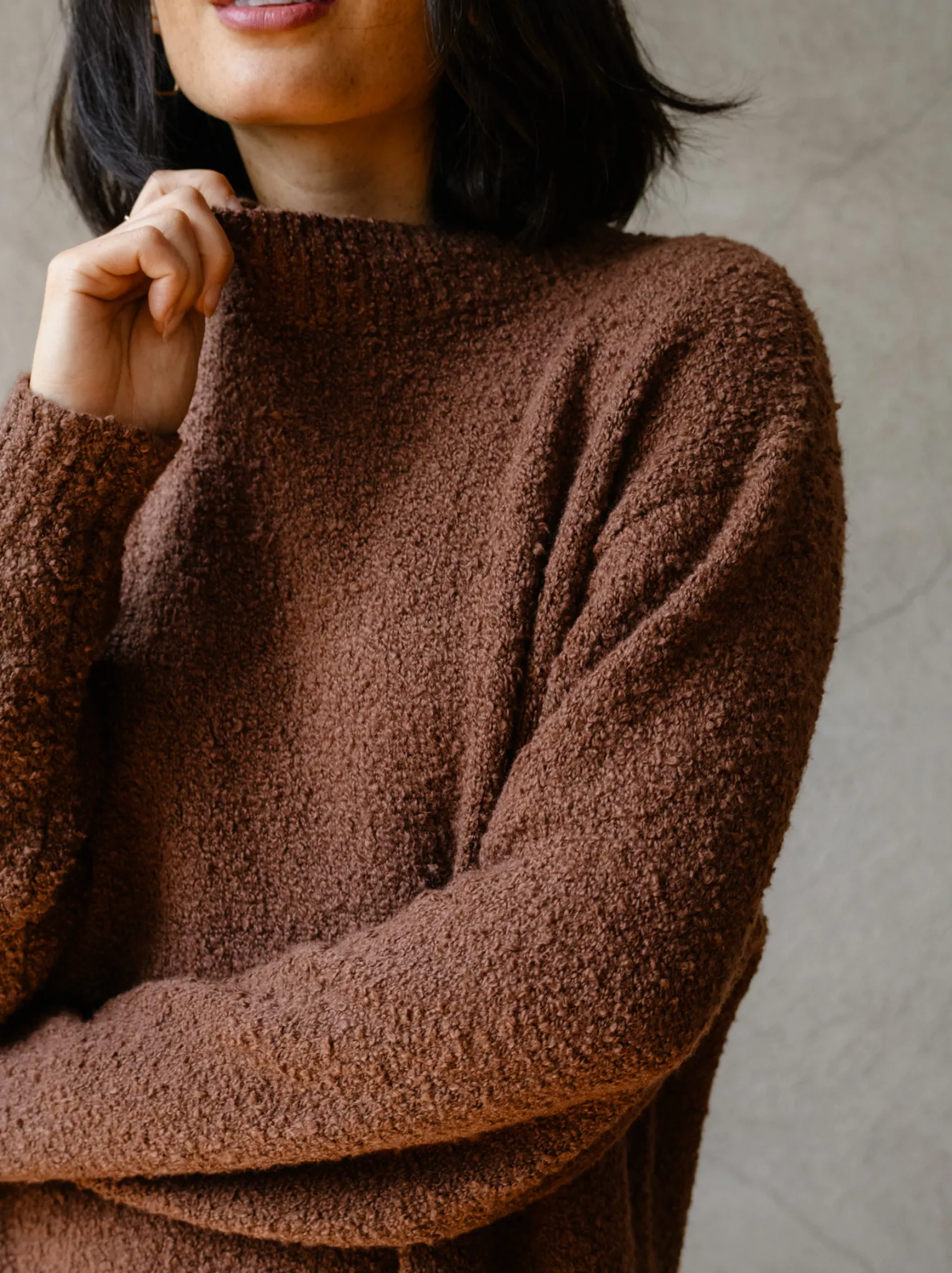 Alexis Boucle Sweater - Mocha Lived In Ribbed Trim