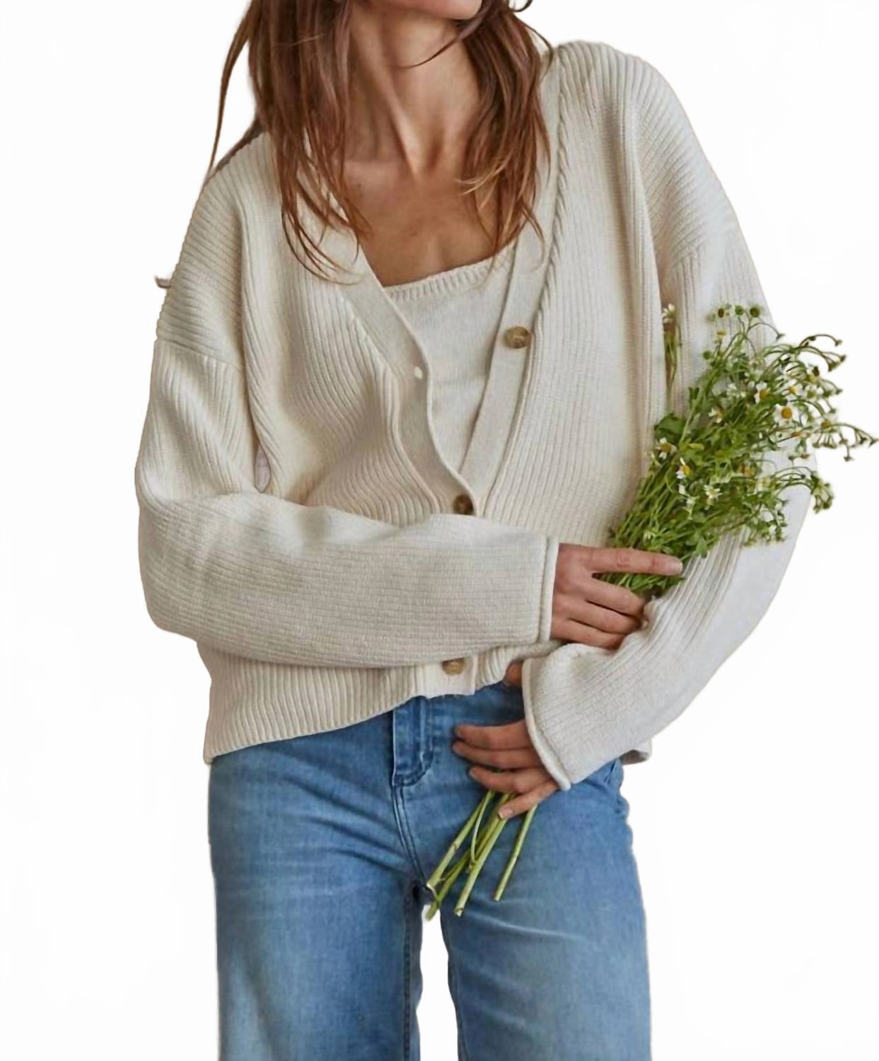 Kacey Button Closure Cardigan In Ivory Everyday Wear Soft Wear