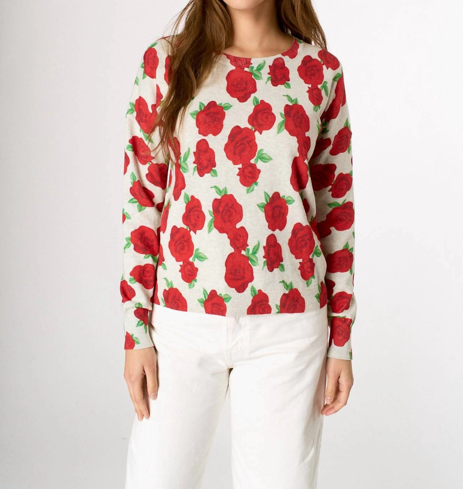 Premium Knitwear Essential Wardrobe Women's Rose Print Pullover Cardigan In Silver Red