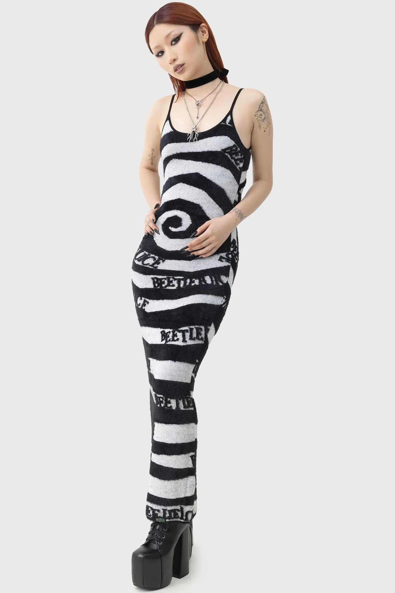 Unique Print Perfectly Fitted Vertigo Spiral Knitted Maxi Dress