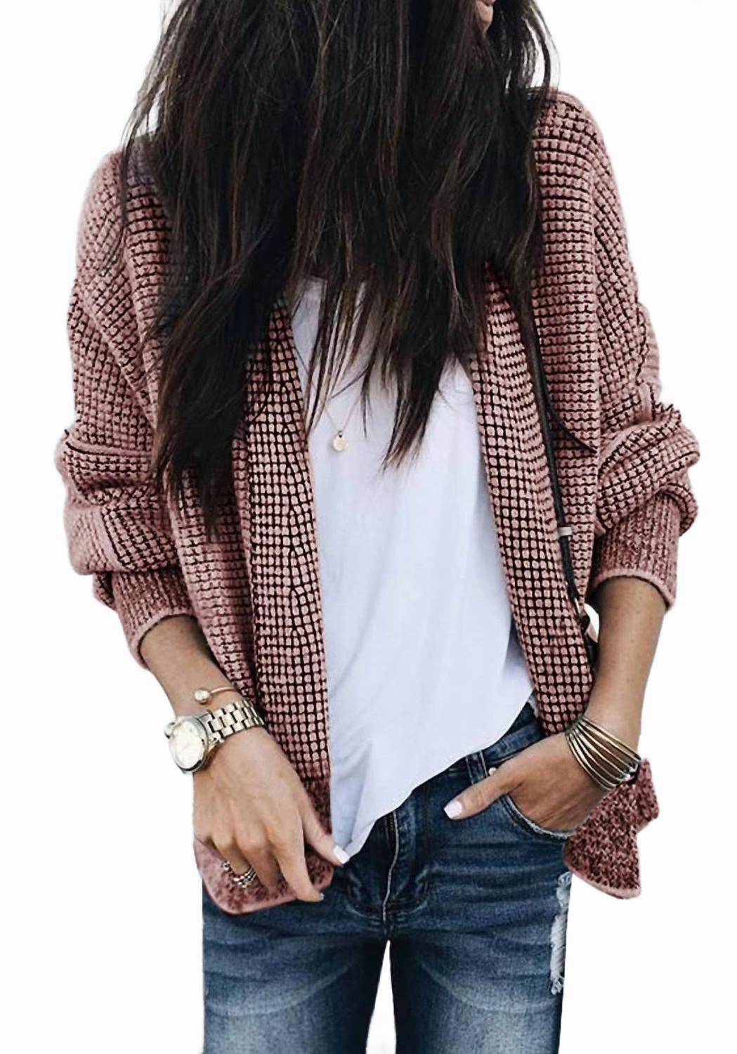 Stylish Warmth Chic Style Waffle Cardigan In Pink