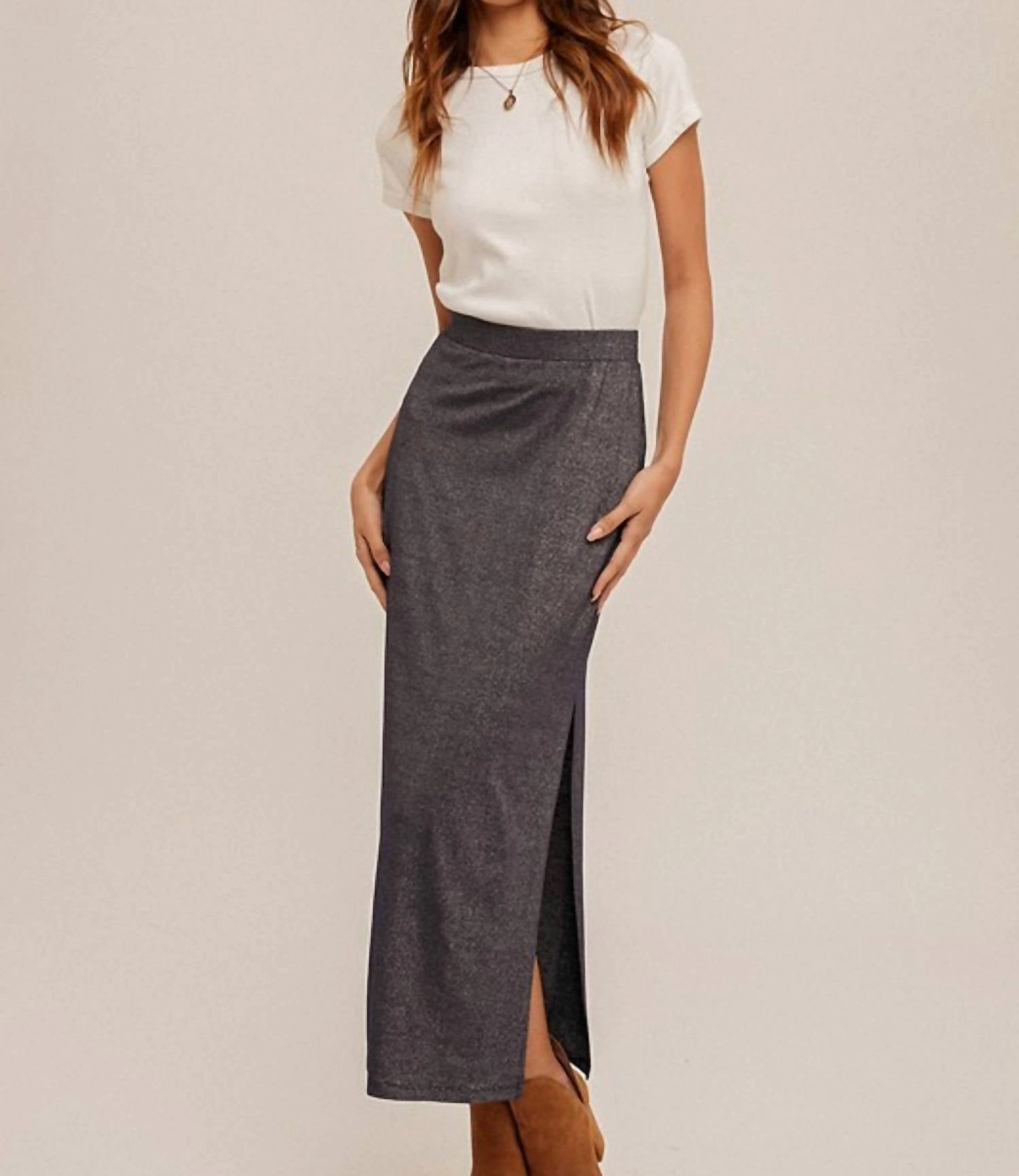 Lurex Jersey Slit Hem Maxi Skirt In Navy Elegant Flow Refined Texture