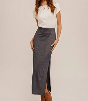 Lurex Jersey Slit Hem Maxi Skirt In Navy Elegant Flow Refined Texture