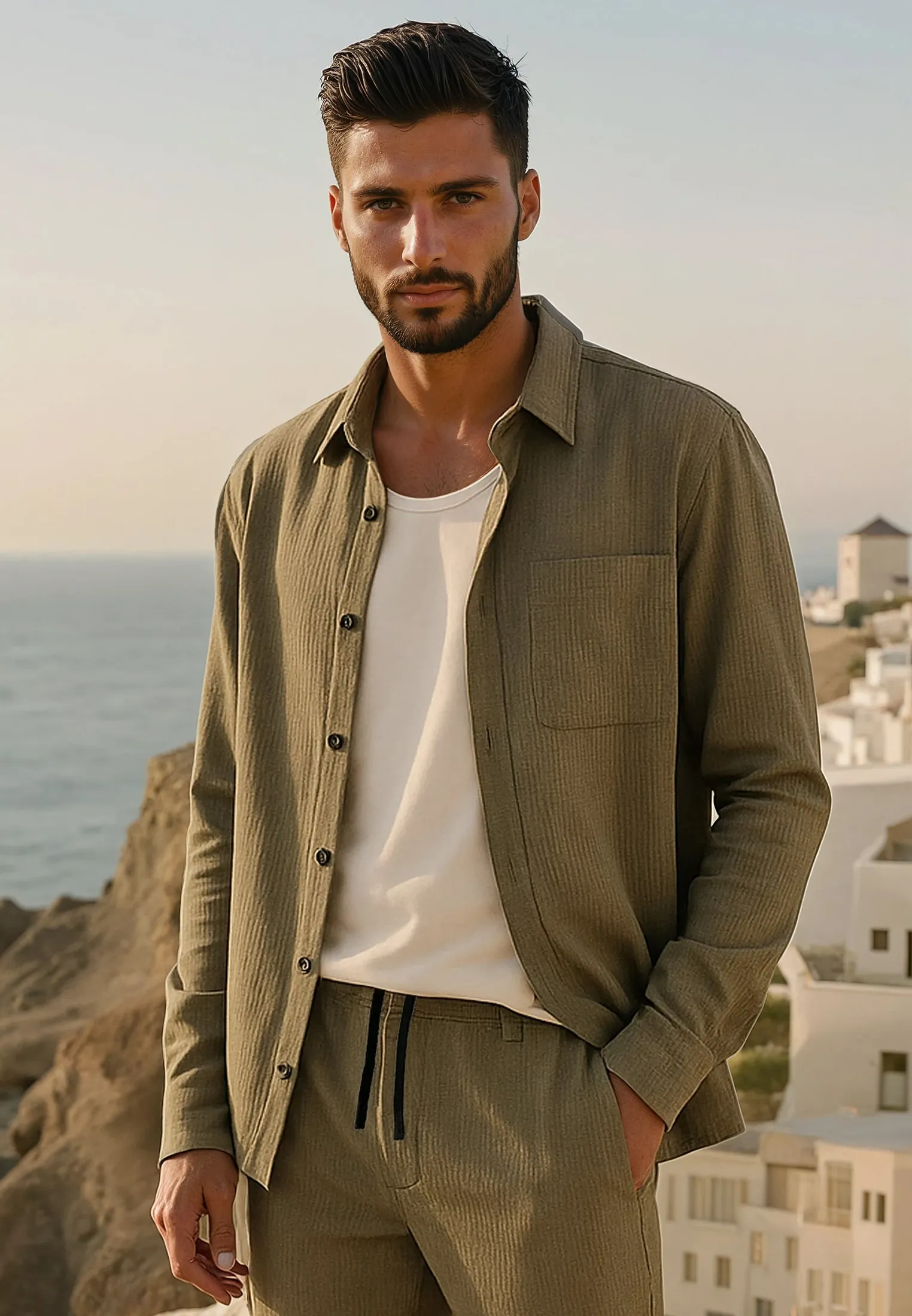 Petite Cut MYKONOS LONG SLEEVE HOLIDAY SHIRT MOSS GREEN