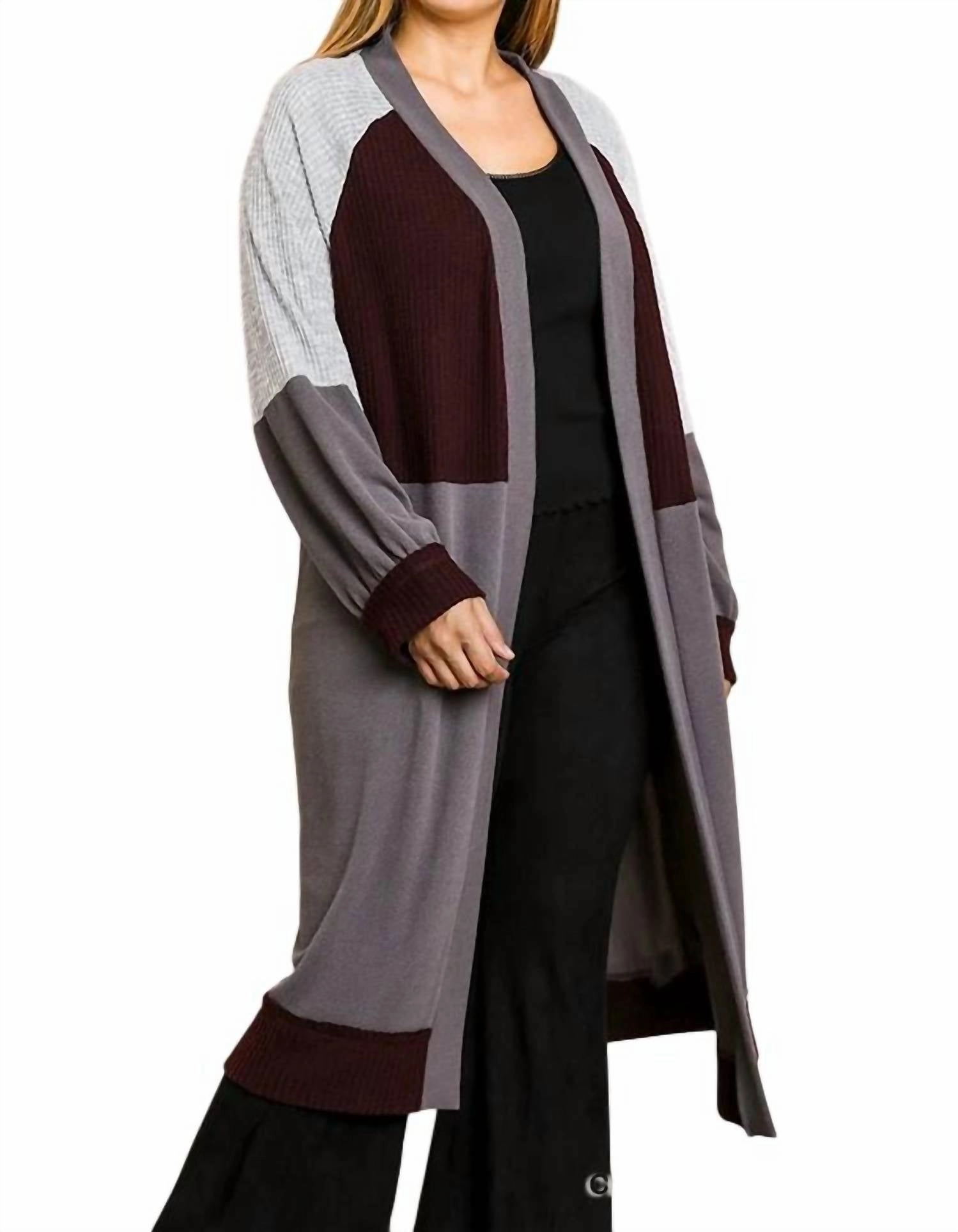 Chilly Day Knitwear Color Block Ribbed Sweater Cardigan In Charcoal/wine