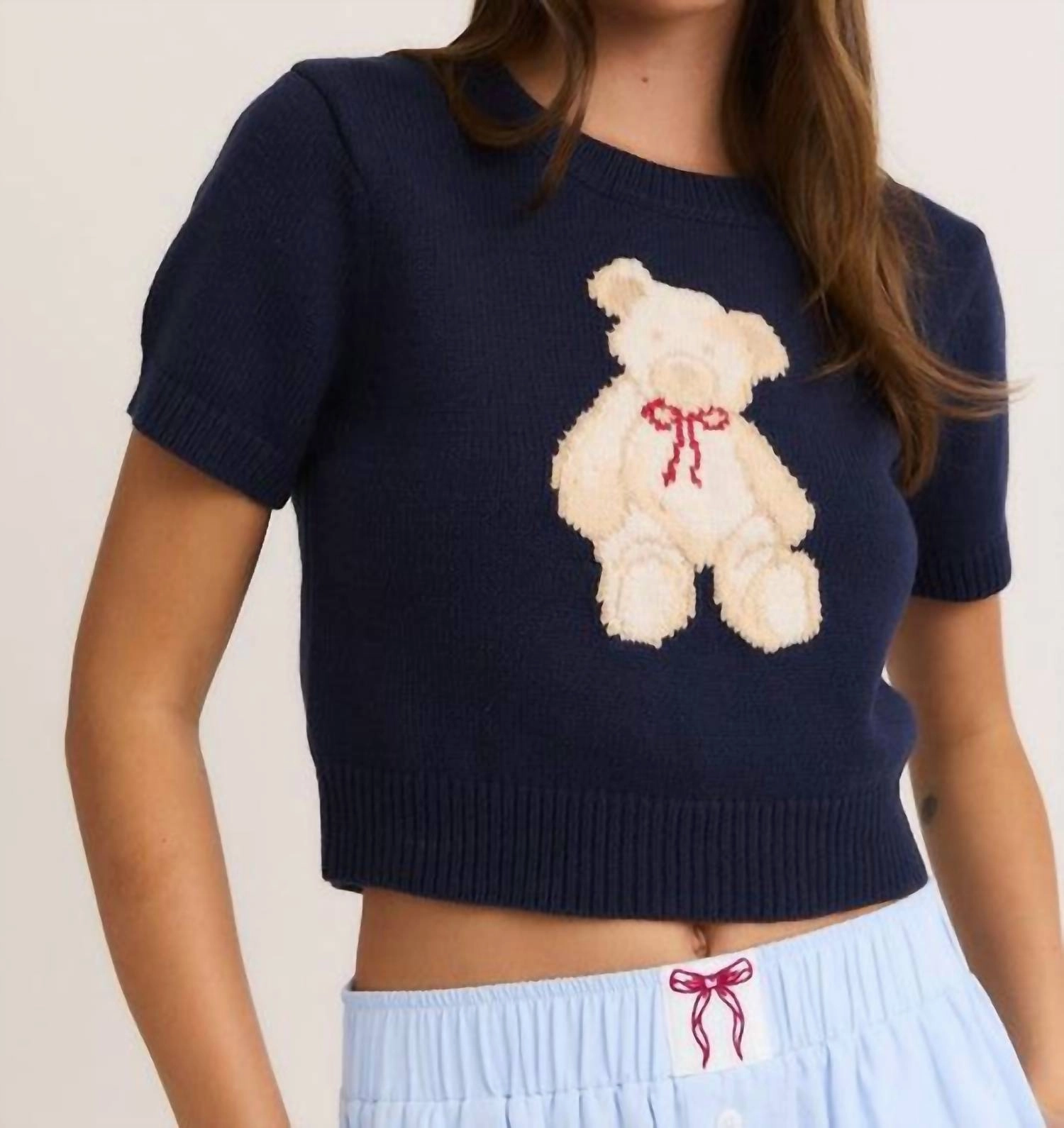 Machine Washable Design Teddy Short Sleeve Crewneck Sweater In Navy