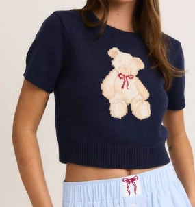 Teddy Short Sleeve Crewneck Sweater In Navy Comfy Fashion Elegant Knit