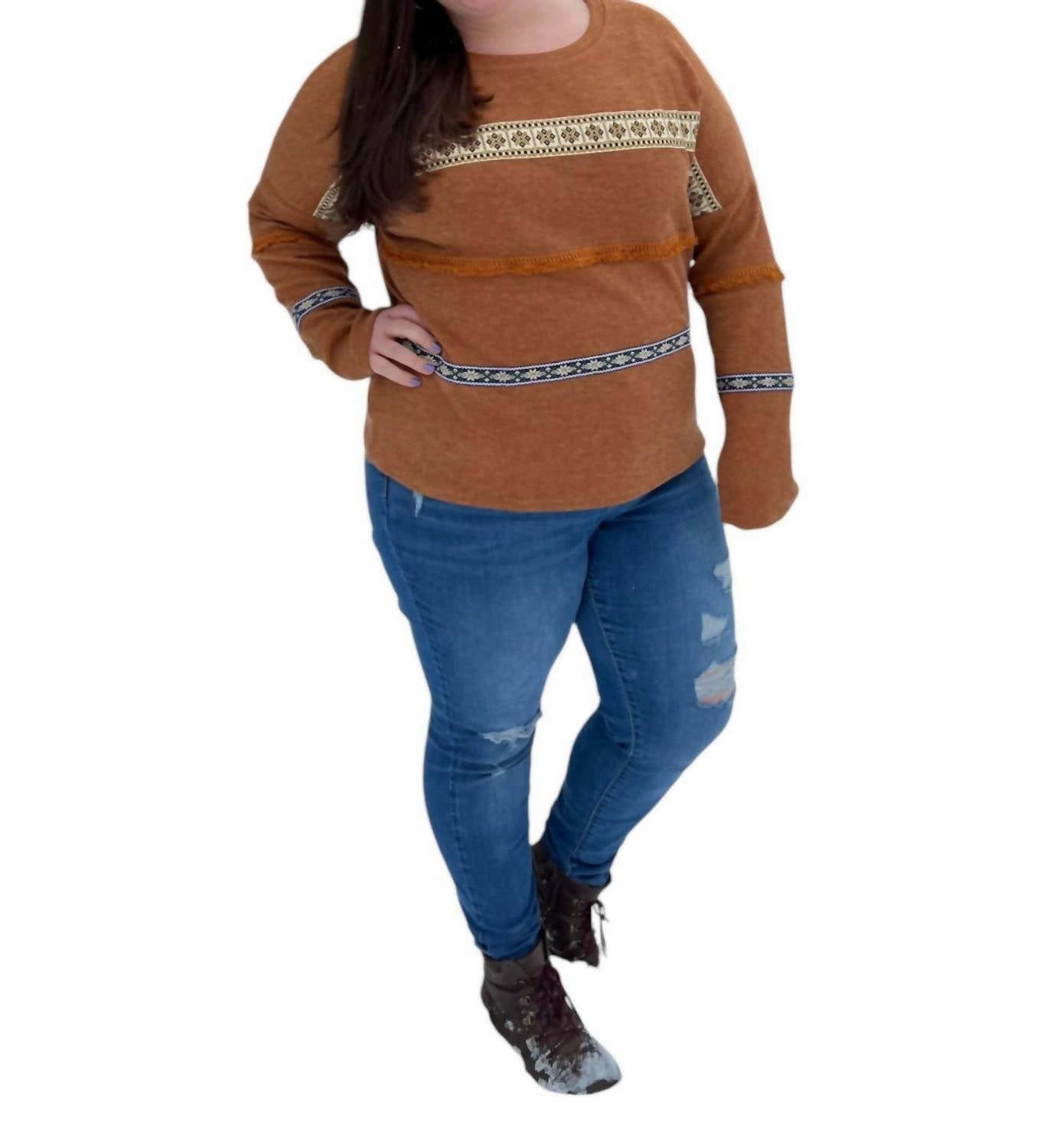 Modern Knit Long Sleeve Sweater Plus In Camel Brown