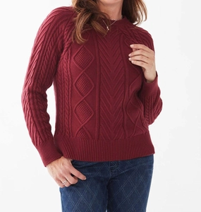 Cable Crew Raglan Sweater In Cabernet Chilly Day Comfort Snug Knit
