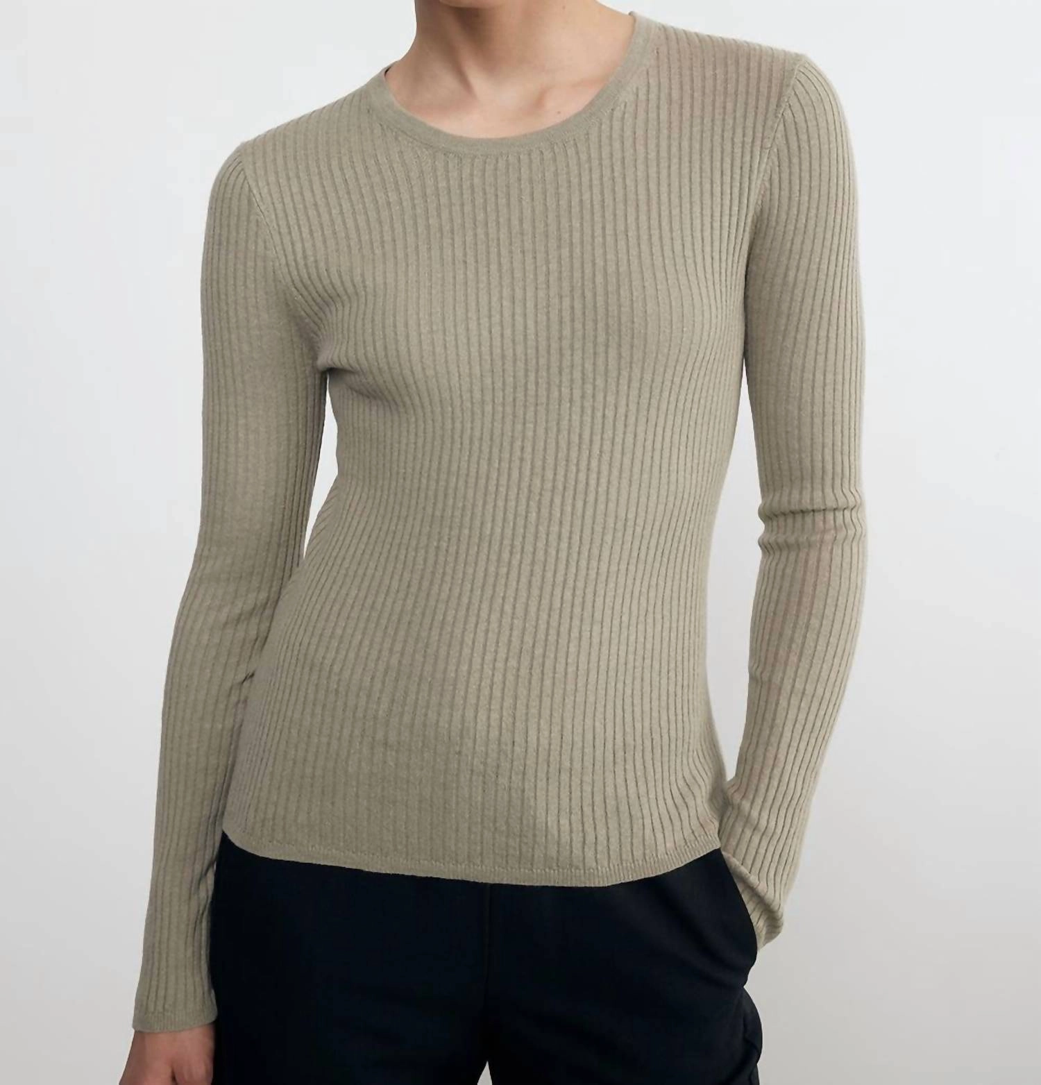 Ribbed cuff Knitwear Look Linen Cotton Longsleeve Sweater Tee In Ash