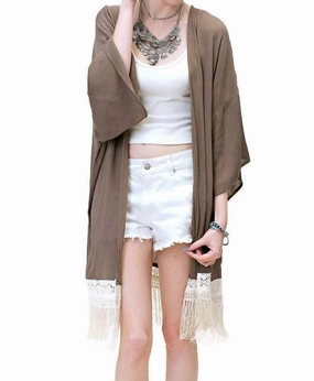 Bohemian Crochet & Fringe Kimono Jacket In Olive Brushed Interior