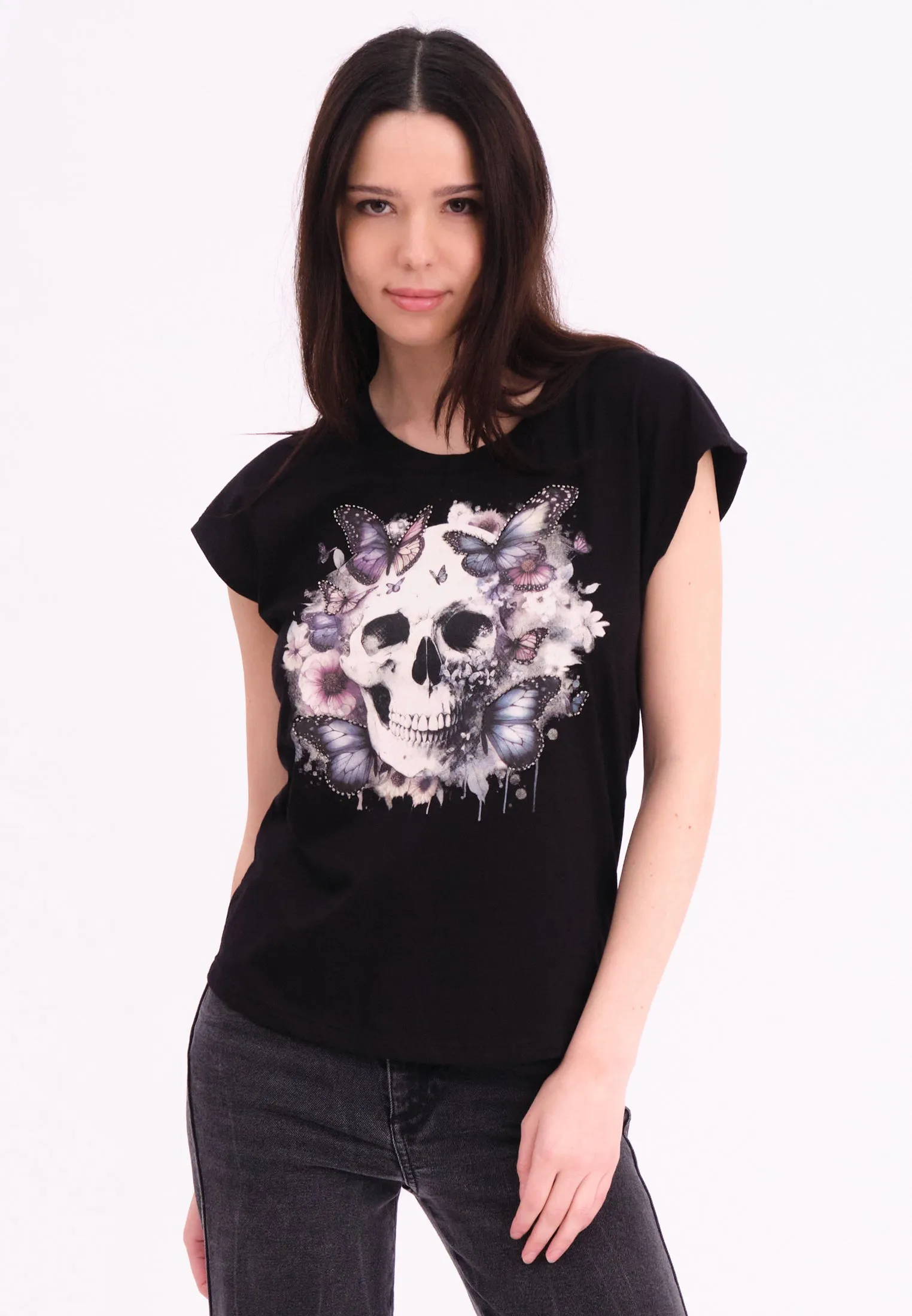 JILLIAN T-SHIRT BLACK SKULL Micro Perforated Fabric Heavyweight Weave