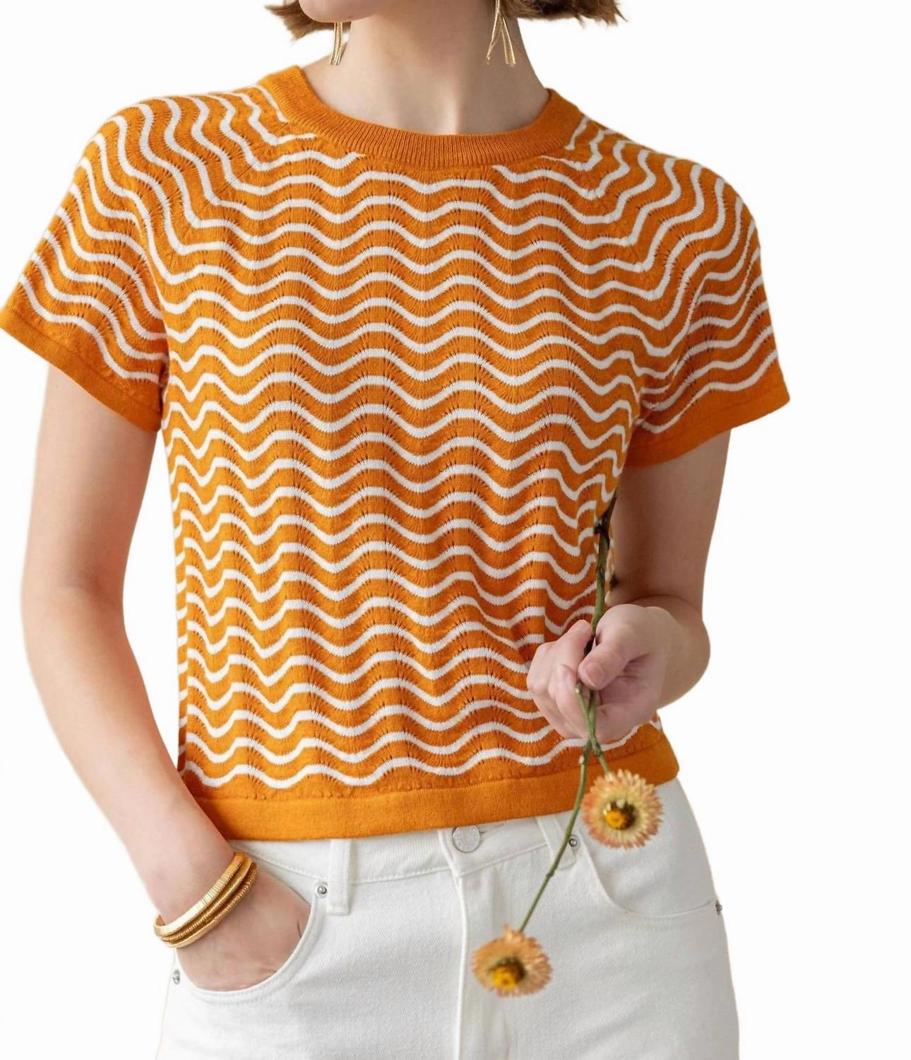 Casual Layering Comfy Vibe Wave Stitch Sweater In Marigold Wave