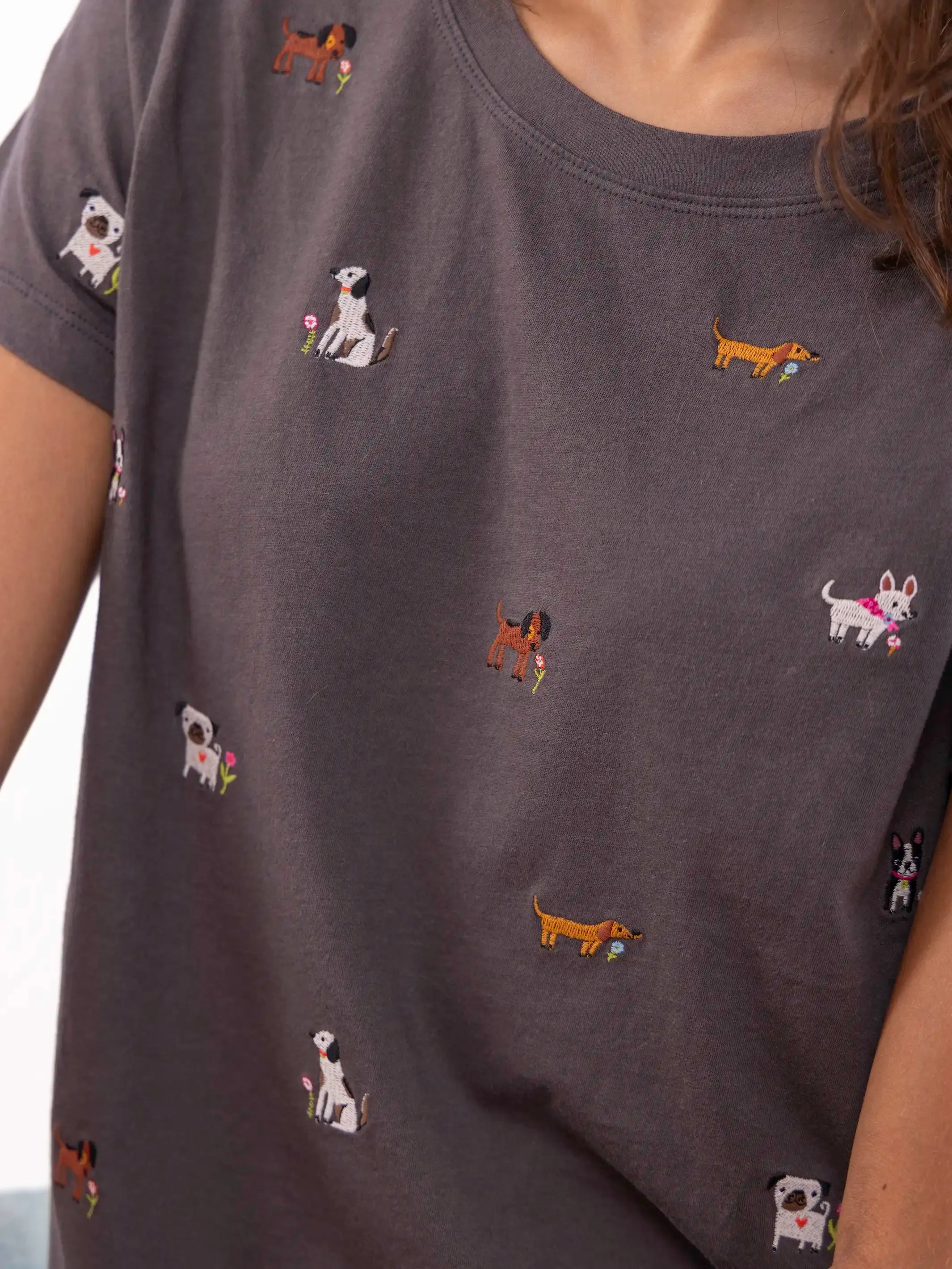Fave Little Things Embroidered Tee - Charcoal Dogs Ultra Soft Blended Textile