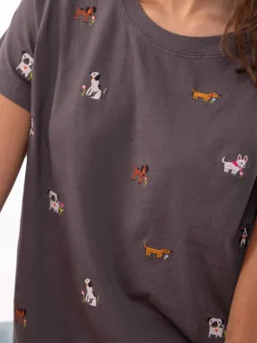 Day-to-Night Look Premium Material Fave Little Things Embroidered Tee - Charcoal Dogs