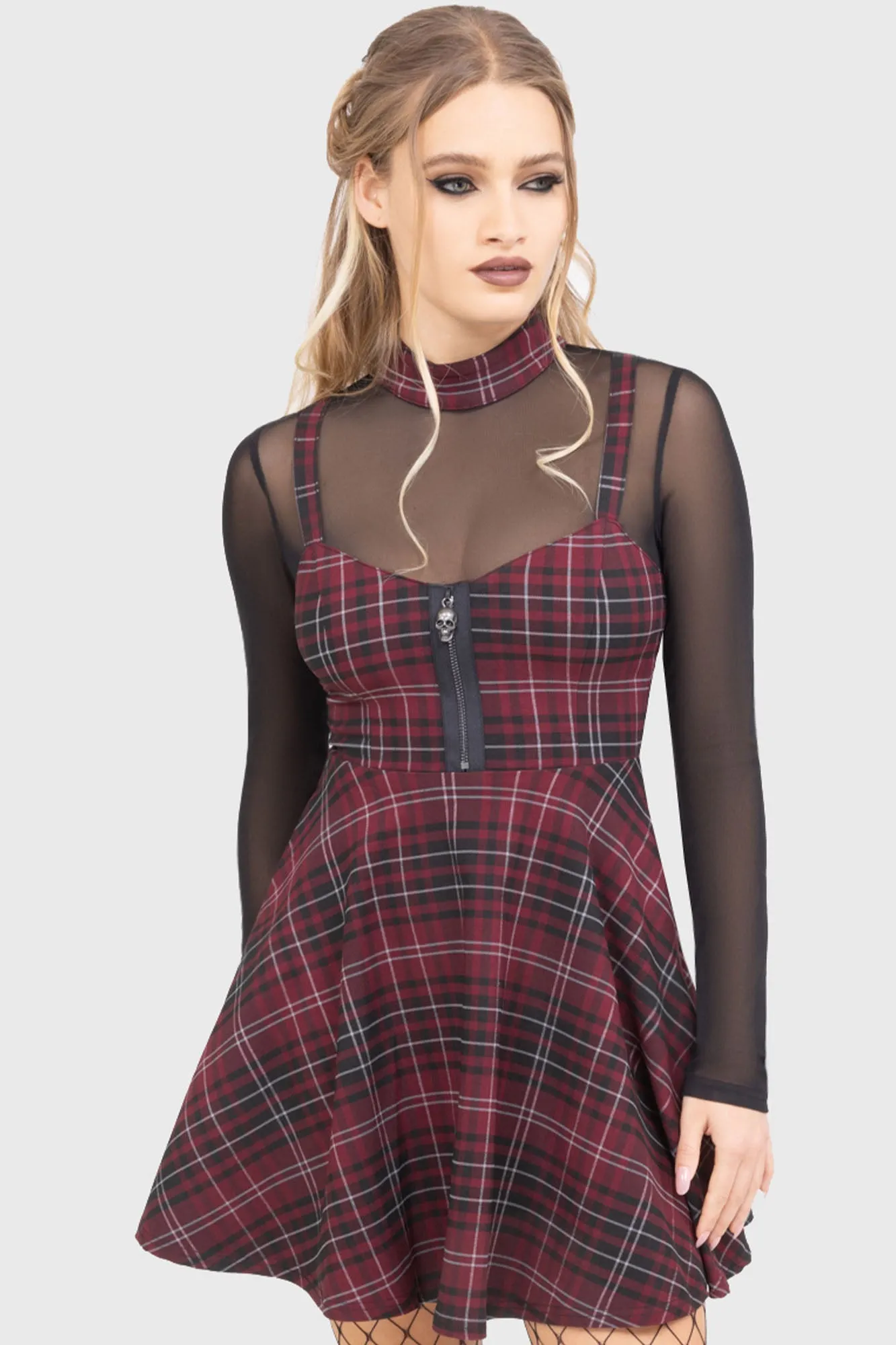 FlexibleClosure Luxurious Feel Tartan Riot Dress [BURGUNDY]