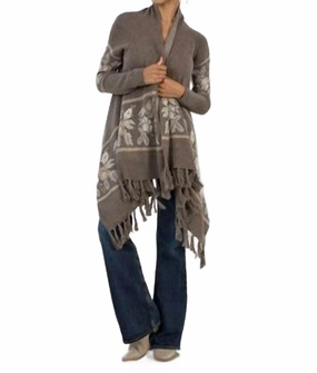 Winter Layering Look Western Floral Knit Fringe Trim Cardigan In Grey