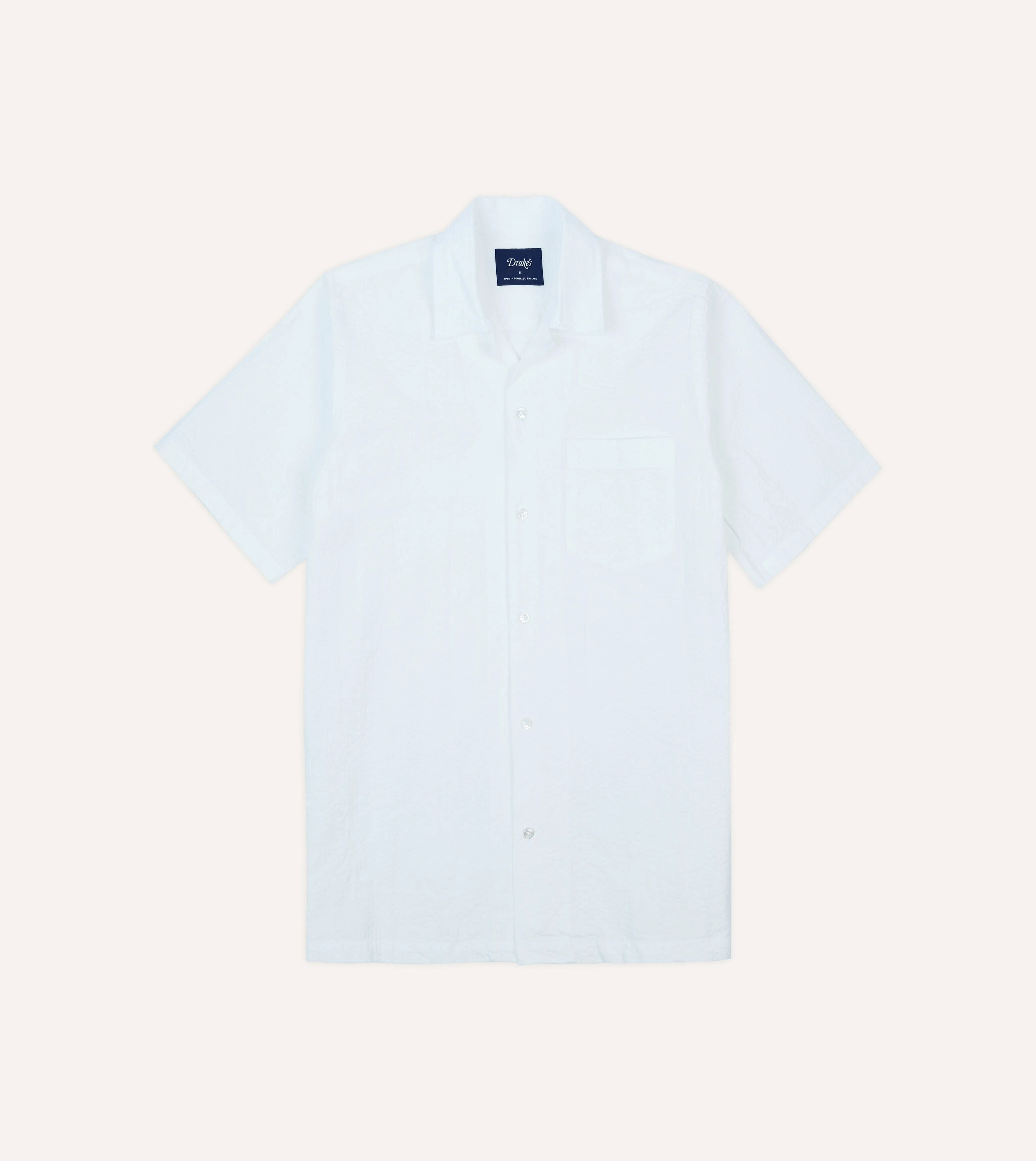 Easy Care Easy Styling White Cotton-Linen Seersucker Camp Collar Short Sleeve Shirt