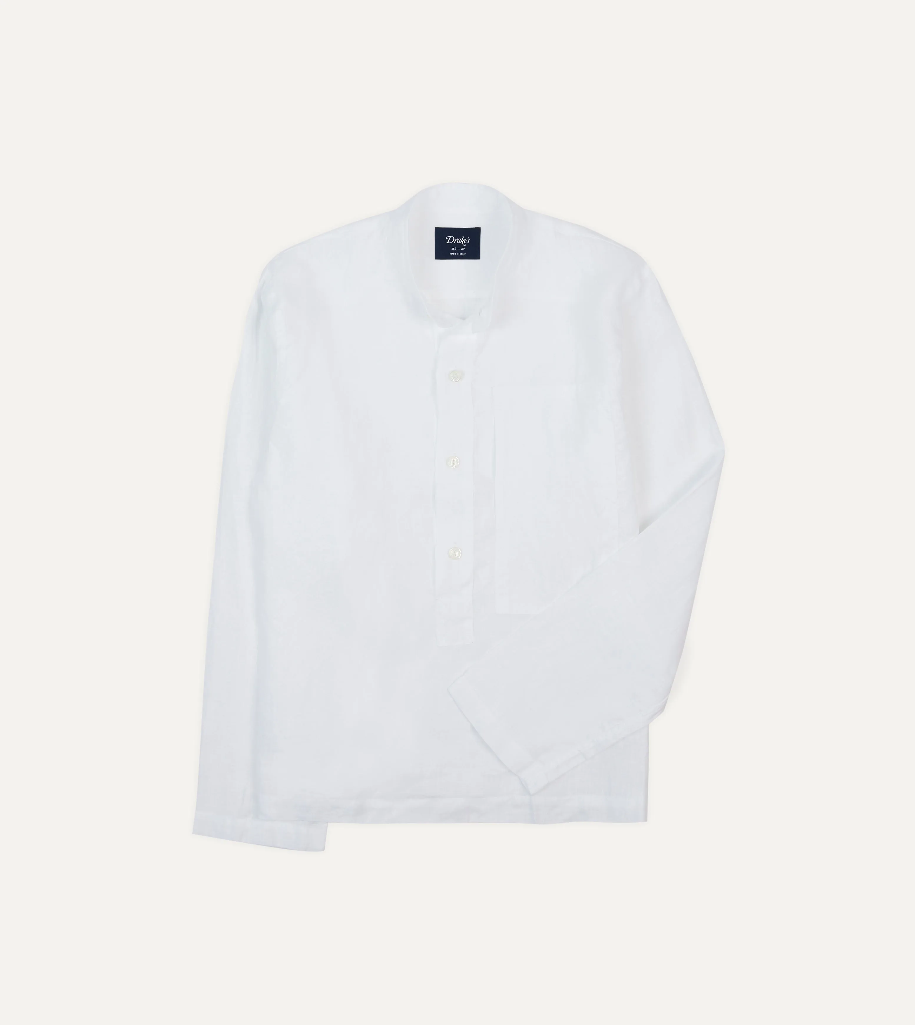 Bold Prints White Linen Mandarin Collar Popover Shirt