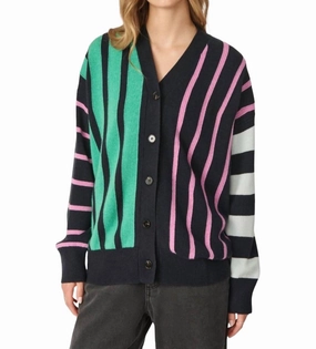 Whitney Cardigan In Indigo Stripe Ventilated Underarm Curved Hemline