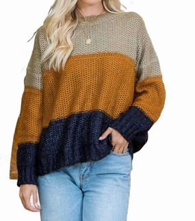 Drop Needle Detailing Effortless Style Chunky Knit Colorblock Sweaters In Mocha/camel