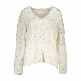 Ethical Production Knitwear Sleek Knit Desigual Chic Contrast V-Neck Sweater with Logo Women's Detail
