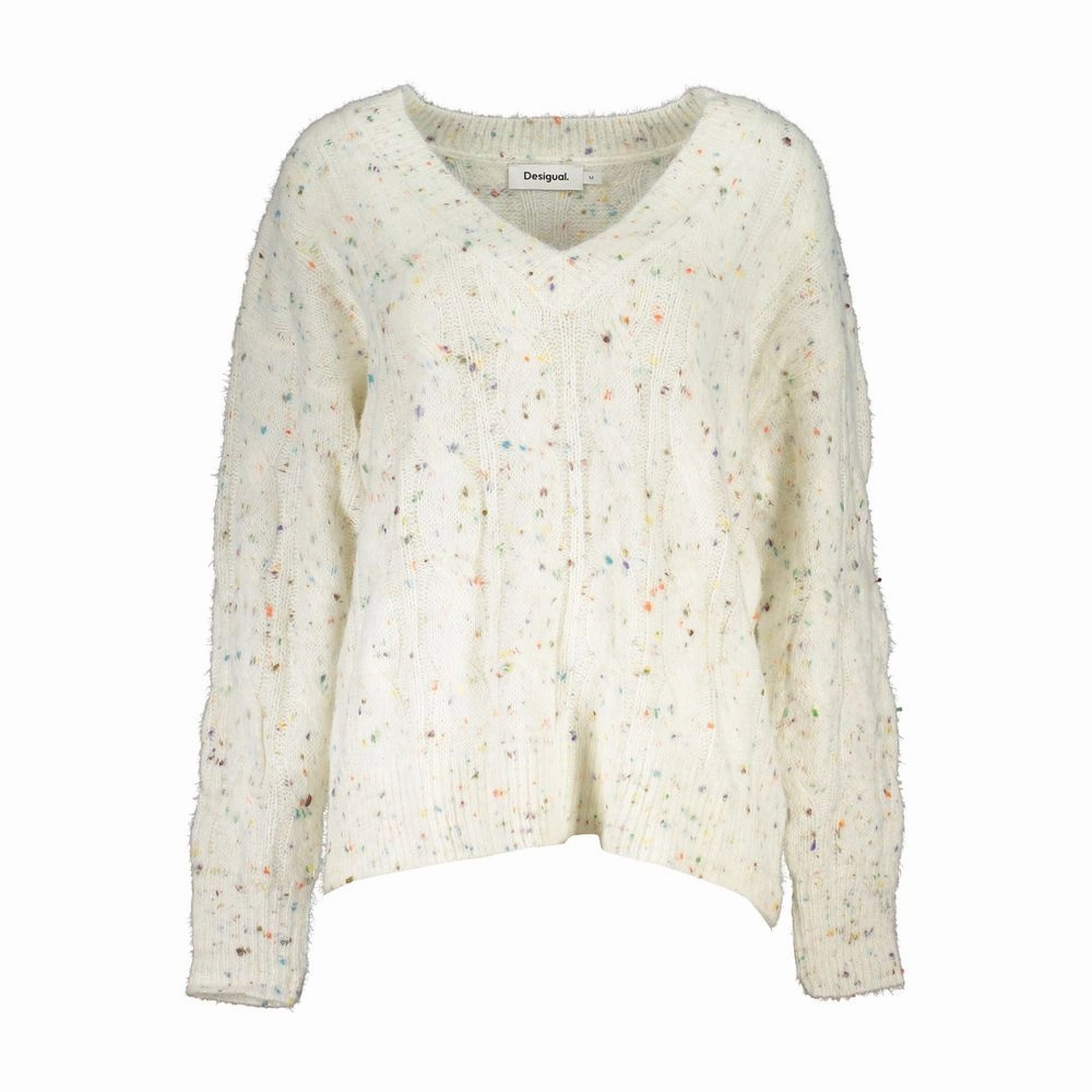 Desigual Chic Contrast V-Neck Sweater with Logo Women's Detail Warm And Comfortable