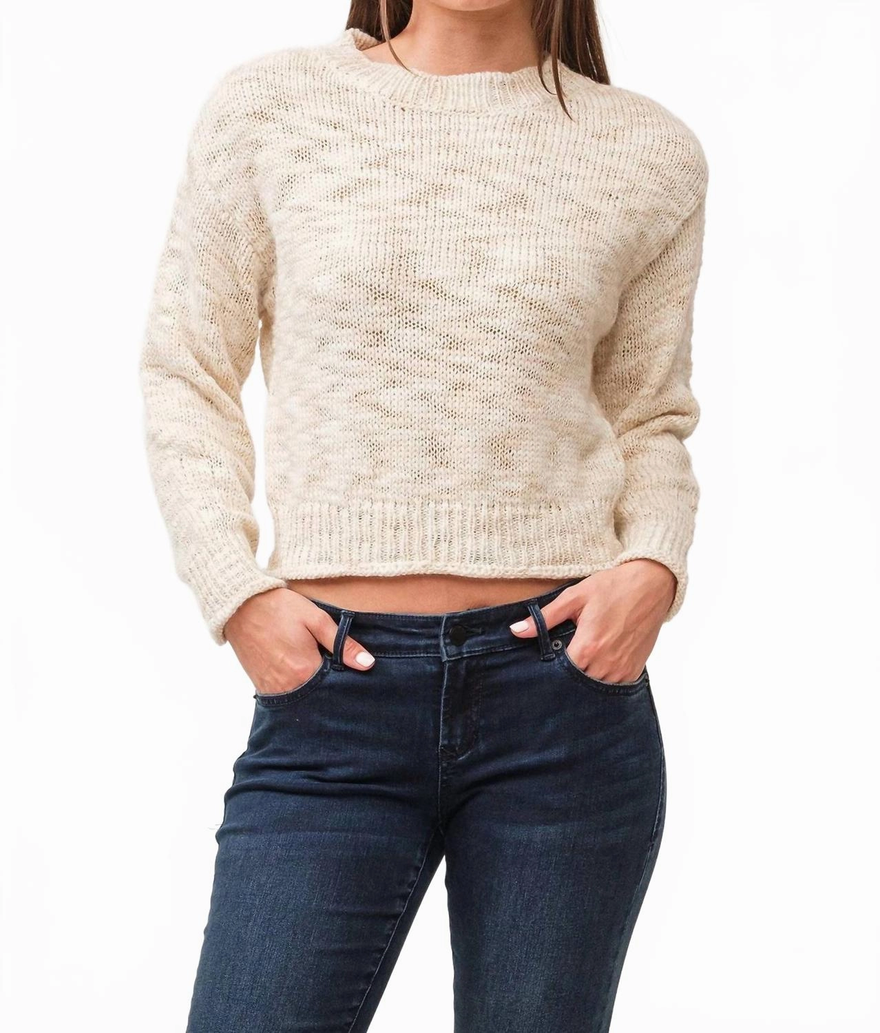 Cashmere Blend Versatile Apparel Britney Lurex Yarn Ribbed Cuff Sweater In Antique White