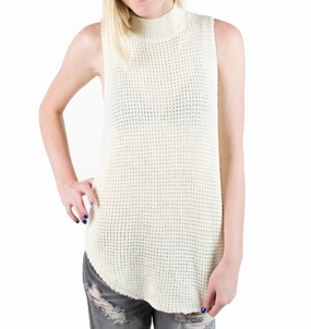 Stylish Comfort Women Bittersweet Chunky Wool Mock Neck Tunic Sweater Top In White
