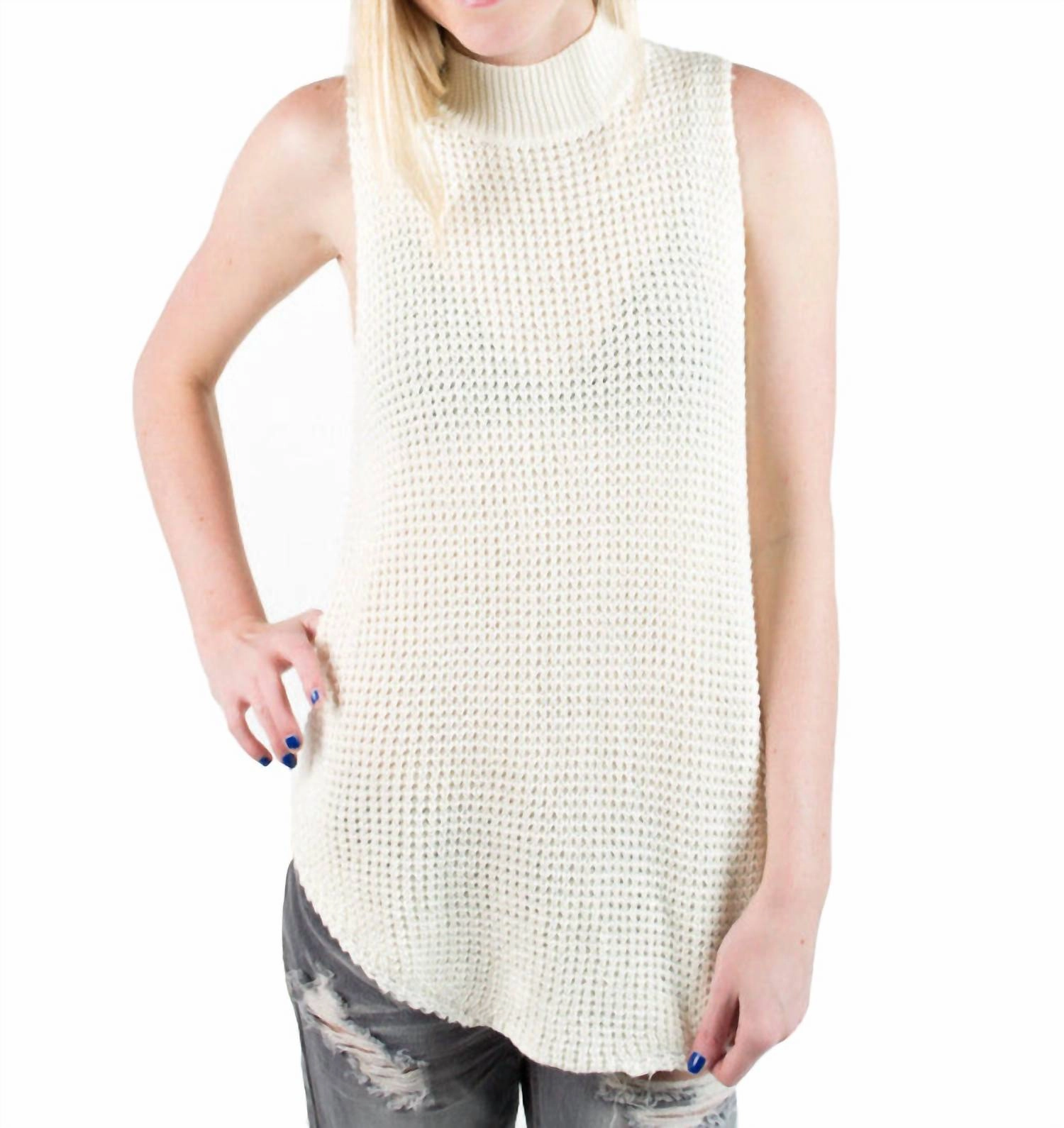 Casual Outfit Women Bittersweet Chunky Wool Mock Neck Tunic Sweater Top In White