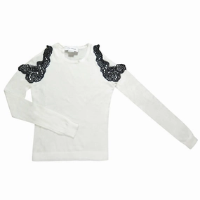 Loopback Fabric Women Off Shoulder Lace Trim Pullover Sweater In Ivory