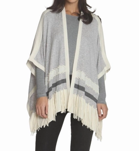 Perfect Warmth Comfy Layers Women's Ashley Fringe Poncho In Pumice/white