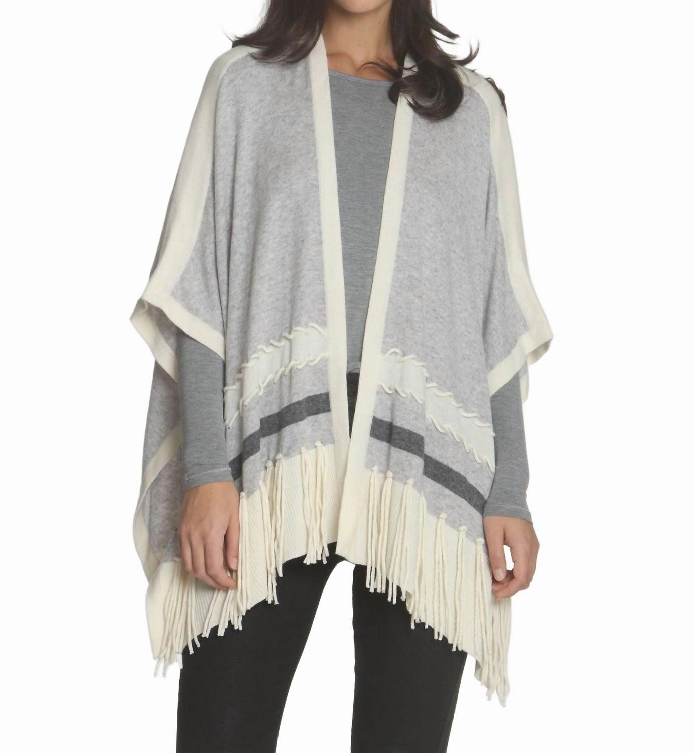Perfect Warmth Comfy Layers Women's Ashley Fringe Poncho In Pumice/white