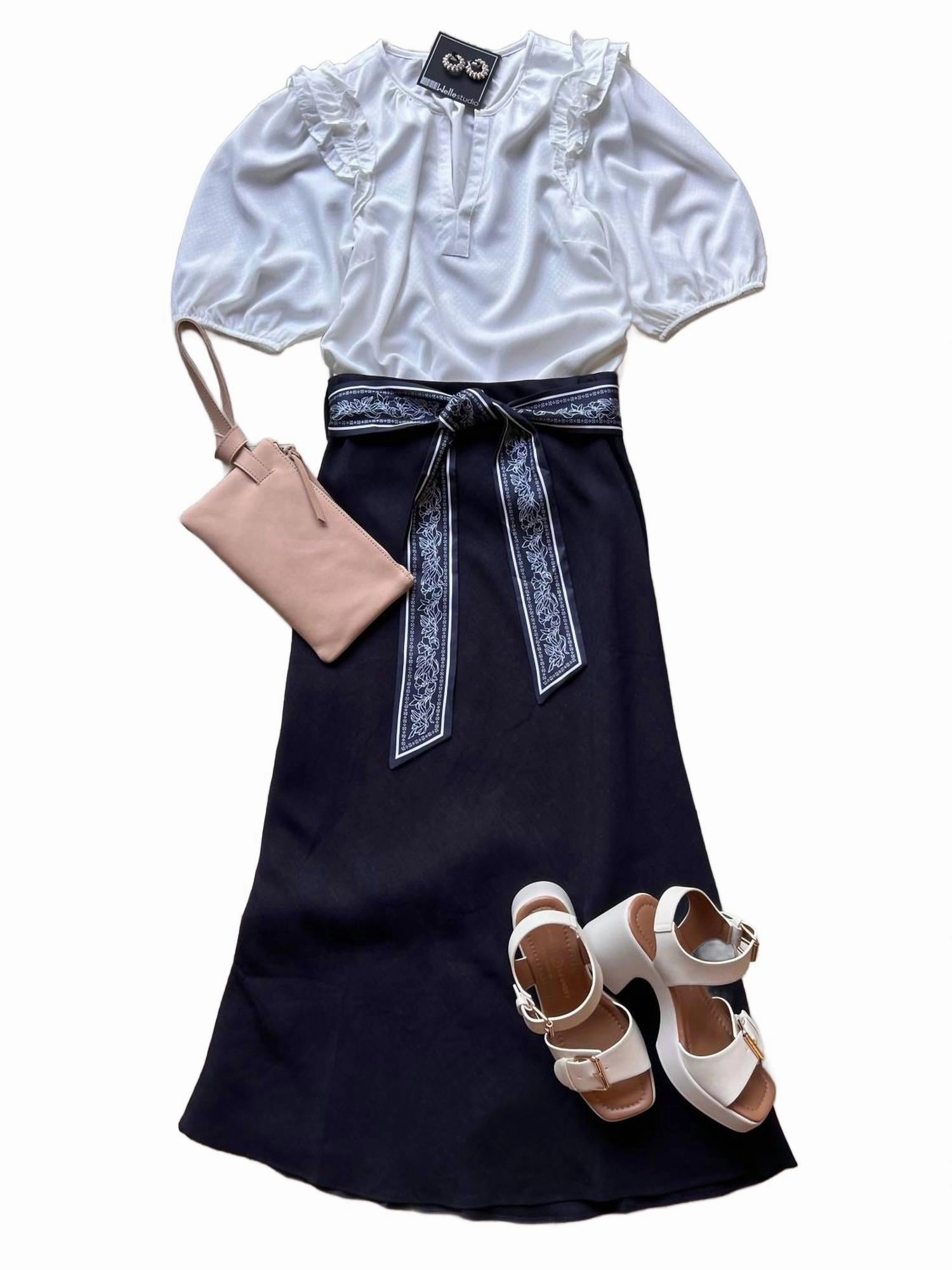 Women's Belt Bias Skirt In Navy Fashion Style Satin feel