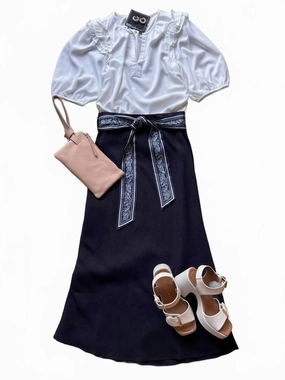 Women's Belt Bias Skirt In Navy Fashion Style Satin feel
