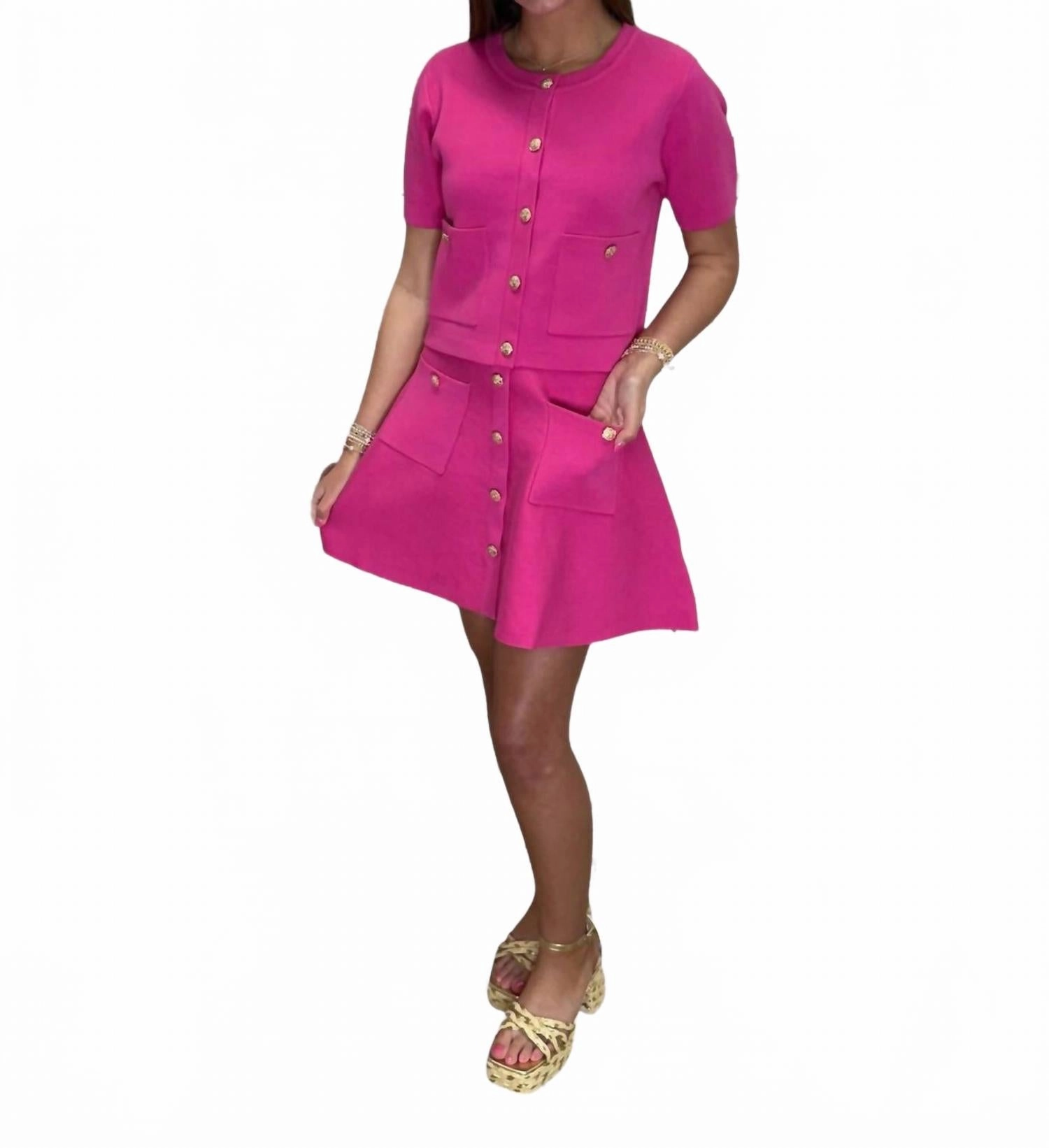 Stretch Waist Women's Button Cardigan Skirt Set In Pink Knit Gold