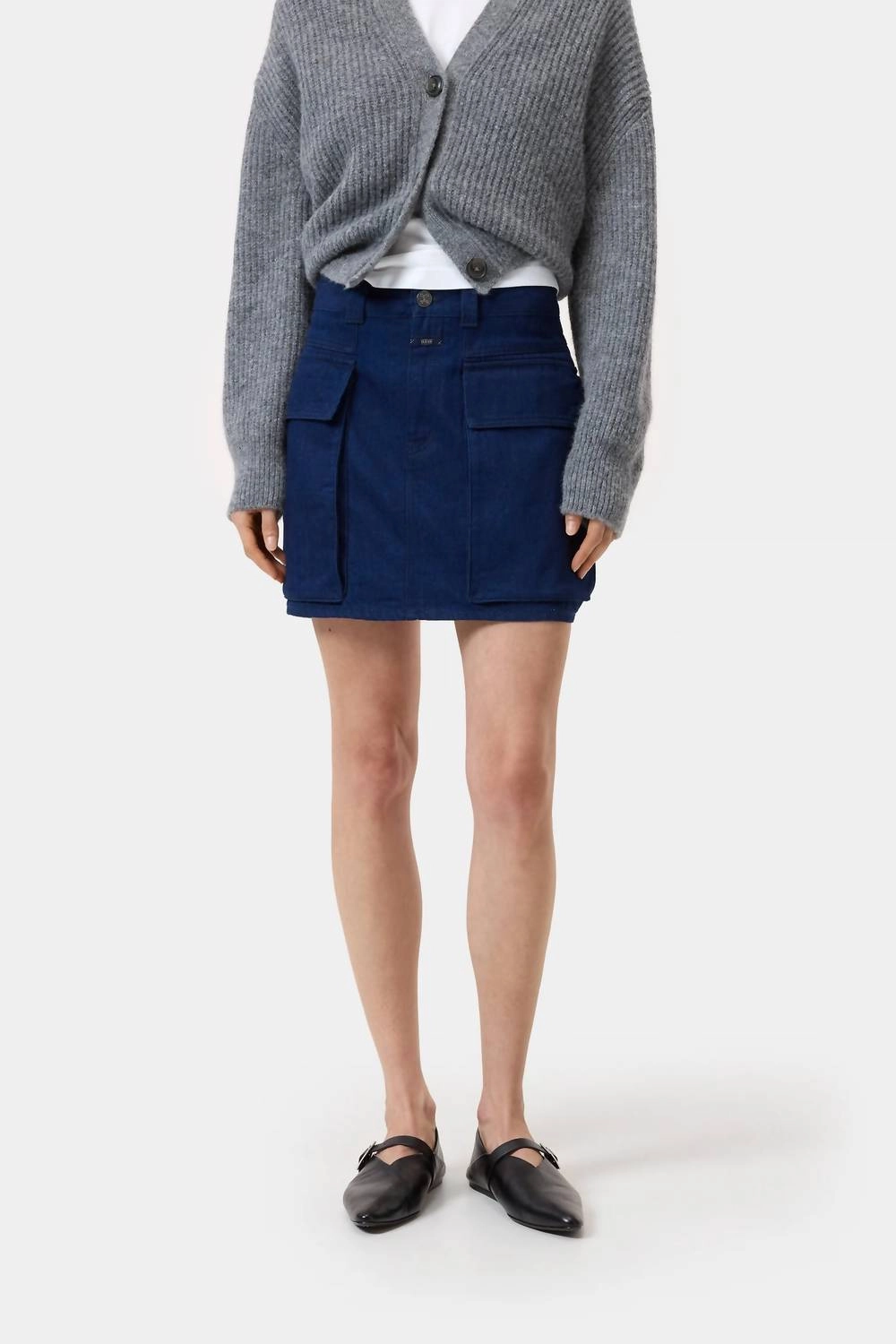 Women's Cargo Denim Mini Skirt In Dark Blue Embossed Detail