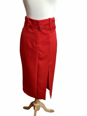 Women's High Rise Side Slit Belted Skirt In Coral Red Fade Resistant Cloth All Season Wear