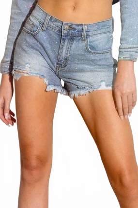 Adjustable Fit EcoFriendlyMaterials Women's Iridescent Rhinestone Shorts In Light Stone