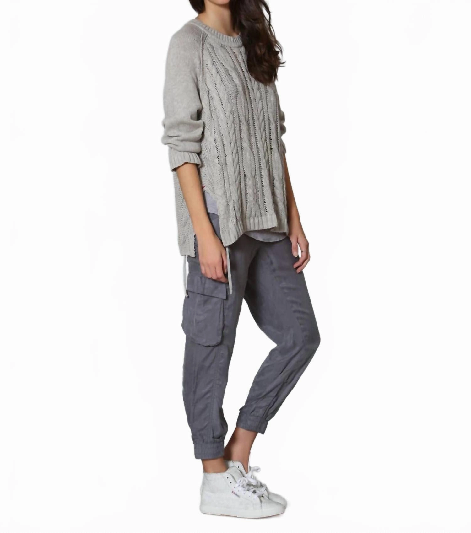 Chilly Season Women's Lace Up Cable Crew Top In Fog